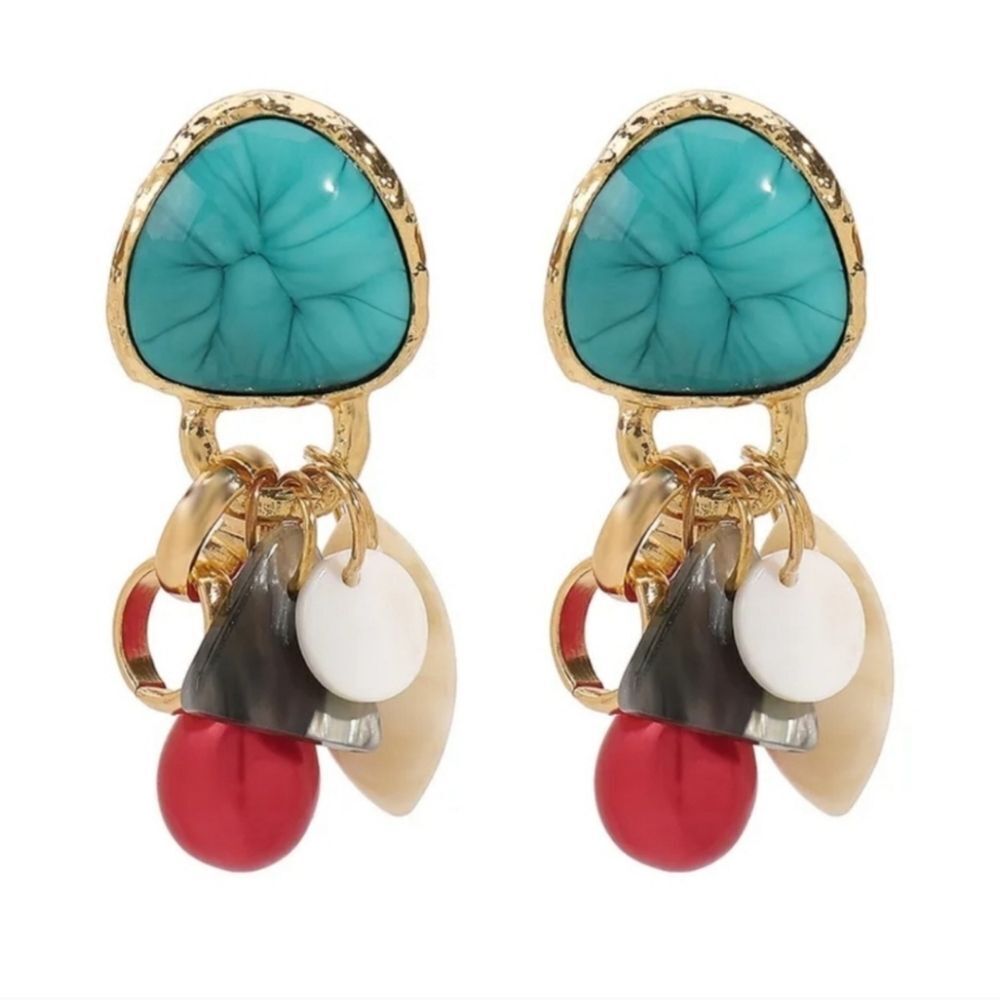 ZARA Gold and Turquoise Stone Dangle Charm Earrings | NWOT